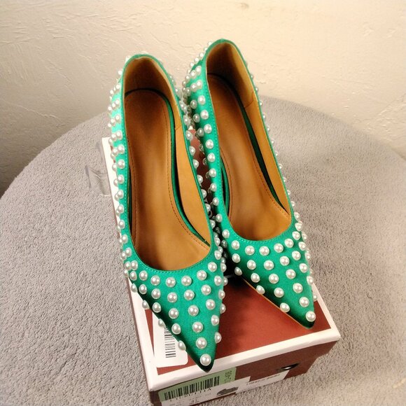 Iadore Women Sexy Stiletto Heels Pumps Pearl Studded Slip-on Shoes Satin Size 6 - Picture 1 of 10
